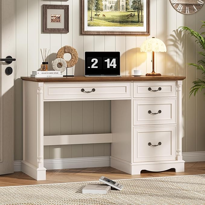 Farmhouse 47 Executive Desk with File Drawer4 Drawers Roman Style Computer Desk with Roman Column Designfor Study Home Office Writing.