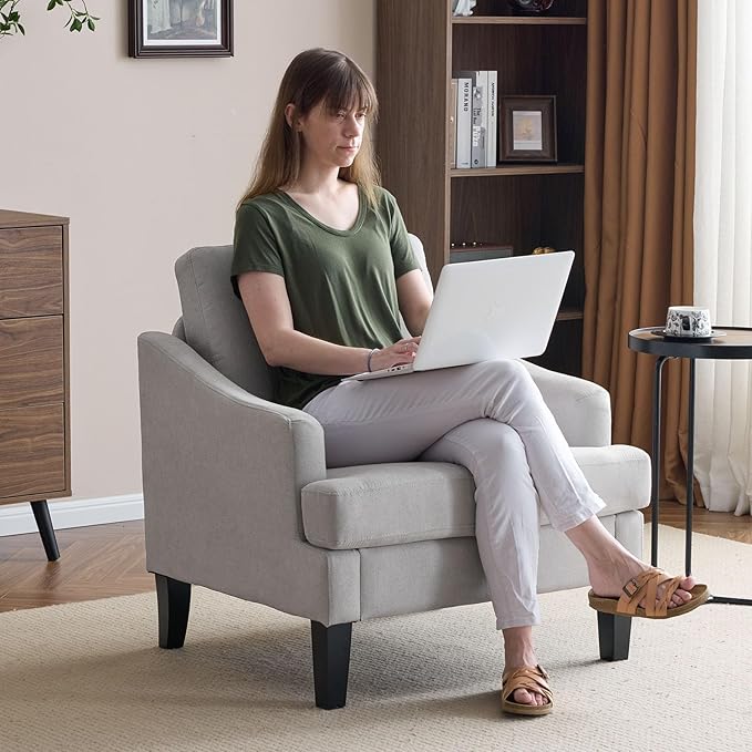 Bezseller Modern Accent Chair Upholstered Reading Armchair with Wood Legs Mid-Century Leisure Comfy Single Sofa Chair for Living Room Bedroom Home Office Light Grey