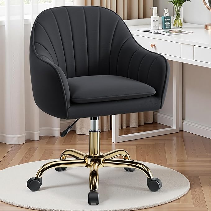Vanity Chair with Wheels Comfy Home Office Desk Chairs Adjustable Modern Velvet Makeup Vanity Chairs for Bedroom Living Room-Black