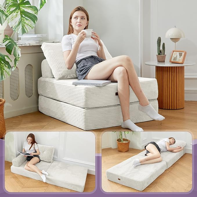 Folding Sofa Bed Chair Sleeper Chair for Adults with High-Density Foam and PillowPortable 3 in 1Folding Chair Bed for Living Room、Apartment 、HotelSingle Creamy Apricot