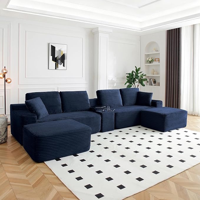150 Cloud Couch Sectional Modular Sofa with Cup Holder 2 Ottoman and USB Ports Corduroy U Shaped Boneless Sofas Couch in a Box No Assembly Required Blue Couches for Living Room