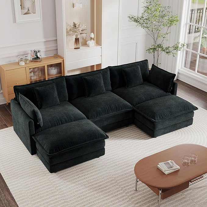 KEIKI 112 U-Shaped Oversized Chenille Modular Cloud Sectional Sofa with 2 Ottoman High-Density Foam Cushion Modern 3-Seater Fluffy Corner Couch with 5 Pillow for Apartment Living Room Black
