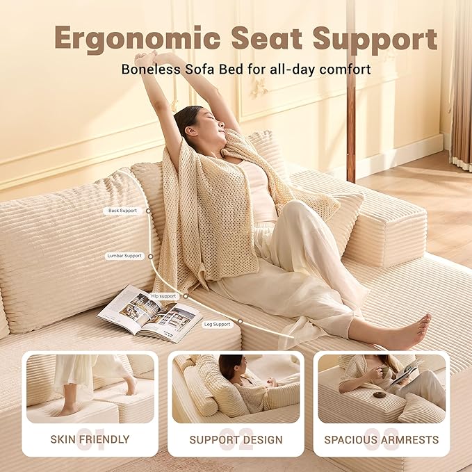 107 Boneless Couch with Deep Seat Set of Modular Sectional Sofa Cloud Sectional Couch for Living Room No Assembly Required Corduroy L-Shape Right White