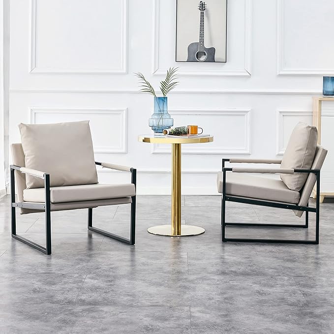 PU Leather Accent Arm Chair Mid Century Modern Upholstered Armchair with Metal Frame Extra-Thick Padded Backrest and Seat Cushion Sofa Chairs for Living Room (Light Brown PU Leather + Metal + Foam)