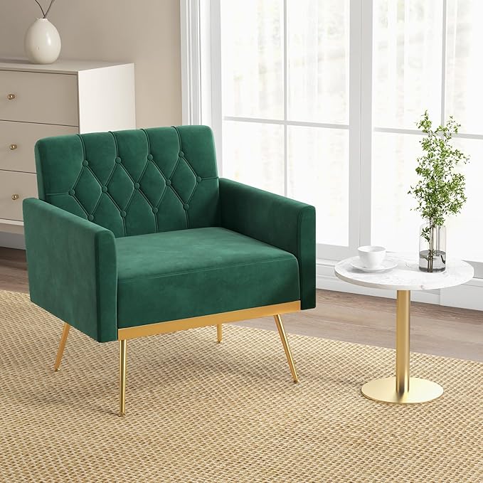 KOMFOTT Velvet Accent Chairs Set of 2 Modern Tufted Arm Chair with Golden Metal Legs &amp Adjustable Foot Pads Upholstered Sofa Chair Reading Chair for Bedroom Comfy Living Room Chairs Green