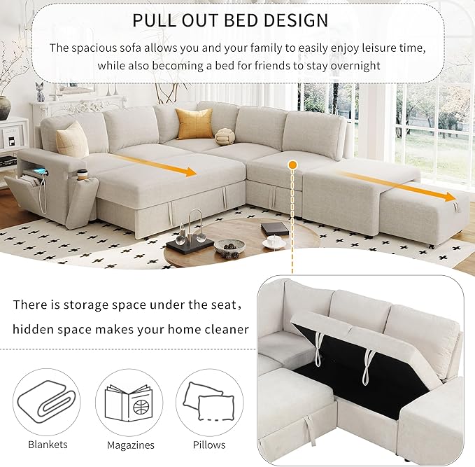 Convertible Sleeper Sectional Sofa with Pull-Out Bed and Storage Space &amp Ottoman Armrest w/USB Ports &amp Cup Holders Corner 6 Person L-Shape Modular Couch for Living Room Apartment (Beige)