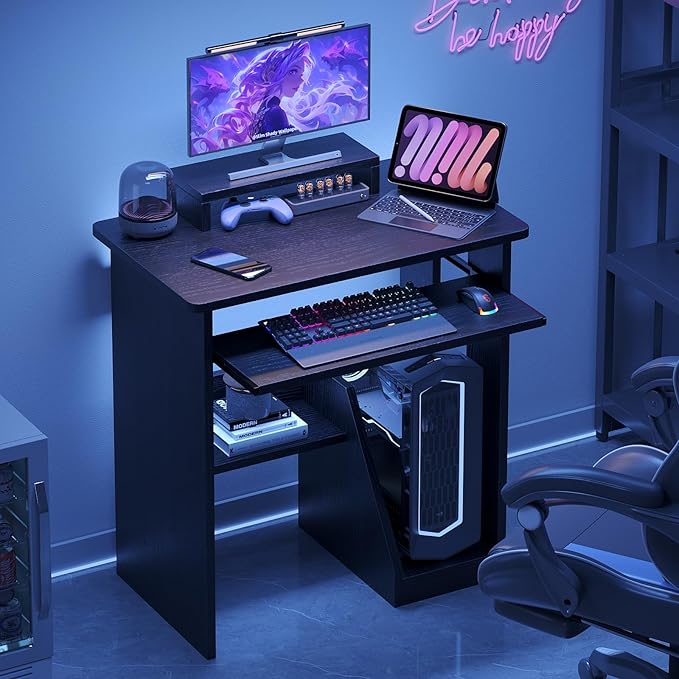 30 Inch Gaming Desk Computer Desk with Keyboard Tray Monitor Stand Storage Shelves CPU Stand Industrial Small Desk for Small Spaces Home Office Desk Black