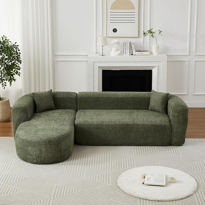 Curved Sectional Sofa with Left Chaise 109 Oversized Boneless Couches L-Shape Modern Cloud Modular Couche with Deep Seat Upholstery Chenille for Living Room No Assembly Required Green