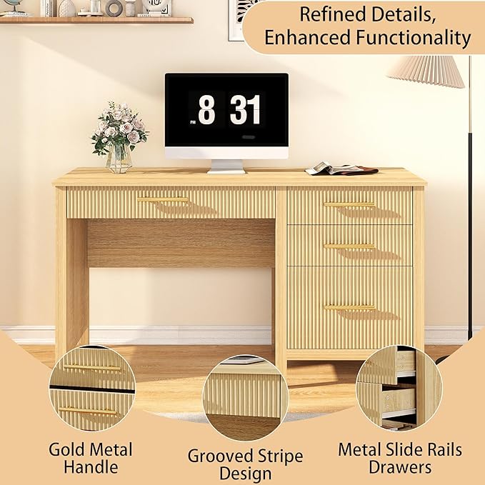 Modern Executive Desk with Drawers: 54 Oak Home Office Desks with File Drawers Wood Fluted Computer Writing Desk for Work Study and Living Room (54)