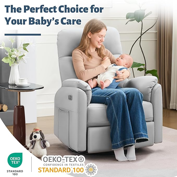 Power Glider Recliner Nursery Rocking Chair with USB Ports Glider Chair with Lumbar Pillow for Living Room Glider Swivel Recliner Chair for Nursery(Gray)