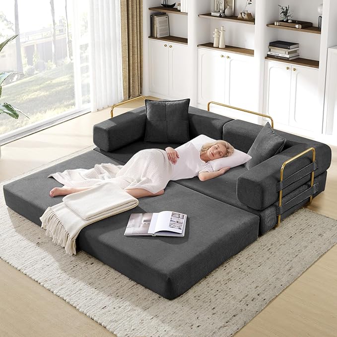 Convertible Folding Sofa Bed Corduroy Sleeper Mattress Couch with Fixed-Shape Frame Free Combination Loveseat Lounge Floor Sofa Queen Size Memory Foam Couch for Living Room Bedroom Dark Grey
