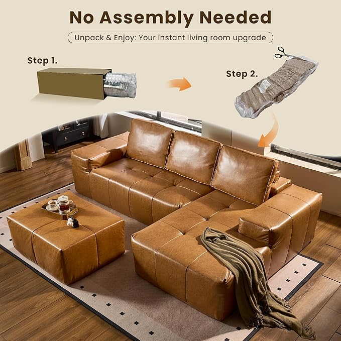 114 Cloud Sectional Couch with L-Shape Chaise &amp Ottoman Modern Boneless Couches for Living Room Fluffy Tufted Deep Seat Modular Sofa No Assembly (Faux LeatherBrownRight Facing)