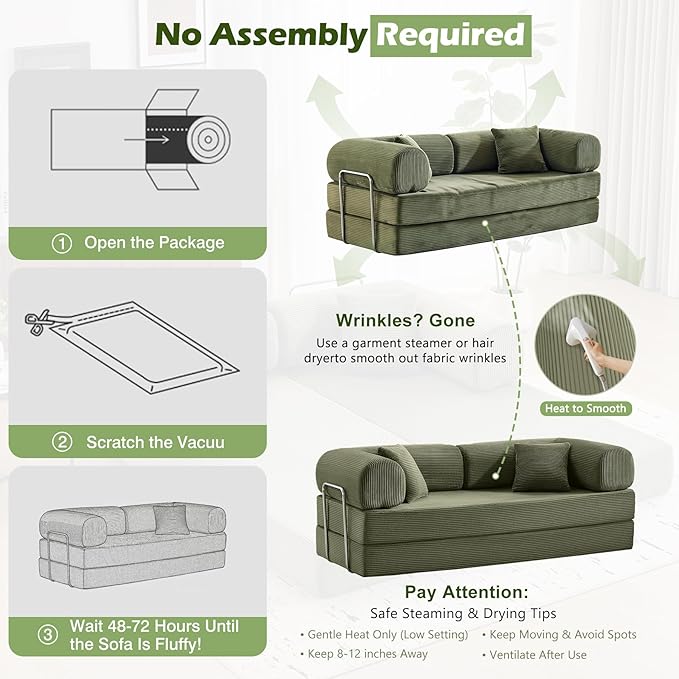 Sofa Bed 79 Convertible Sleeper Sofa with Pull Out Bed 5-in-1 Folding Corduroy Futon Couch Modular Loveseat Sofa Bed for Living Room Bedroom &amp Apartment Green