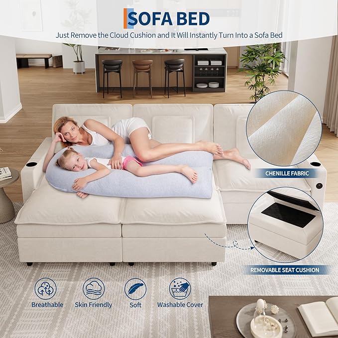 GarveeHome Sectional Couches 108 in Cloud Modular Sectional Sofa U-Shaped Chenille Deep Seat Sofa with Storage Armrests and Charging Ports Movable Ottoman and Cup Holder Included Beige