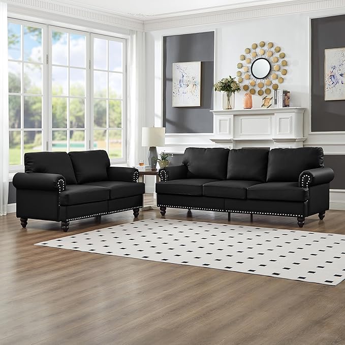 2 Pieses Living Room Sofa Sets Faux Leather Couch and Loveseat with Nailhead Decor Soild Wood Legs Rolled Armrests &amp Storage 2PCS Sofas 3 Seaters Couch and Love Seat for Living Room Furniture S