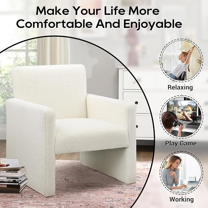 FUNKEEN Boucle Accent Chair Set of 2 – White Sherpa Armchairs with Plush Cushioned Seat Cozy Chairs for Living Room Bedroom Reading Nook