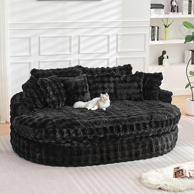 TYBOATLE 83’’ Oversized Round Chaise Lounge Chair Indoor w/Deep Seat Round Memory Foam Couch Comfy Fluffy Plush Chaise Lounge Indoor w/Double Cushion Circle Bed for Livingroom (Black)