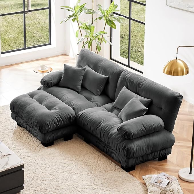 94.4 Loveseat Sofa 2 Seater Modular Sectional Sofa Grey Large L Shaped Sectional Fluffy Couch Chenille Cloud Couch with Ottoman Deep Seat Sofas for Living Room