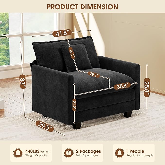 Hanherry 41.8” Oversized Accent Chair Chenille Single Sofa Chair for Living Room Modern Upholstered Reading Chair Deep Seat Comfy Armchair with Pillow for Bedroom and Apartment Black