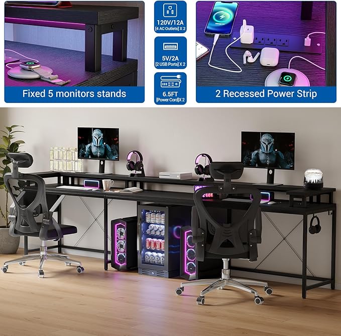U Shaped Desk with Power Outlets USB Ports &amp RGB LED Lights 79 Inch Large Corner Computer Desk with Monitor Stand Reversible Gaming Desk for Home Office Ergonomic Workstation (Black)