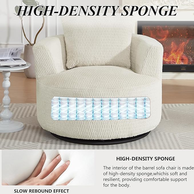 39.4'' Accent Chair for Living Room Chairs 360° Swivel Accent Chairs Upholstered Comfy Reading Chair for Bedroom Rotating Barrel Armchair with Metal Base for Apartment Office (1 Cream)
