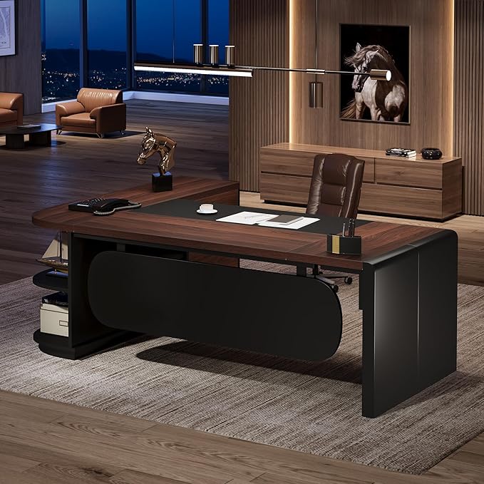Tribesigns 80'' L-Shaped Desk Large Executive Office Desk with 55'' Drawers Cabinet Modern Computer Table with Storage Shelves Business Furniture for Home Office Walnut &amp Black