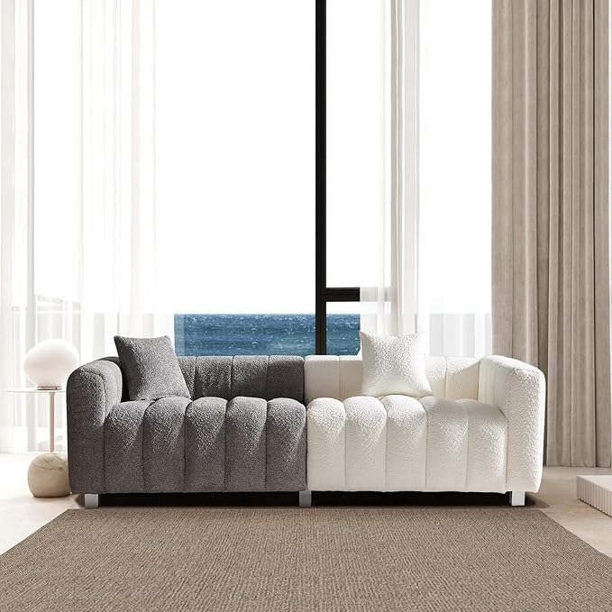 87.4 Modern 3 Seater Sofa Couch for Living Room Mid Century Fluffy Couches with Solid Wood Frame and 6 Legs for Bedroom Apartment Weight Capacity 750 LBS… (Gray &amp White)