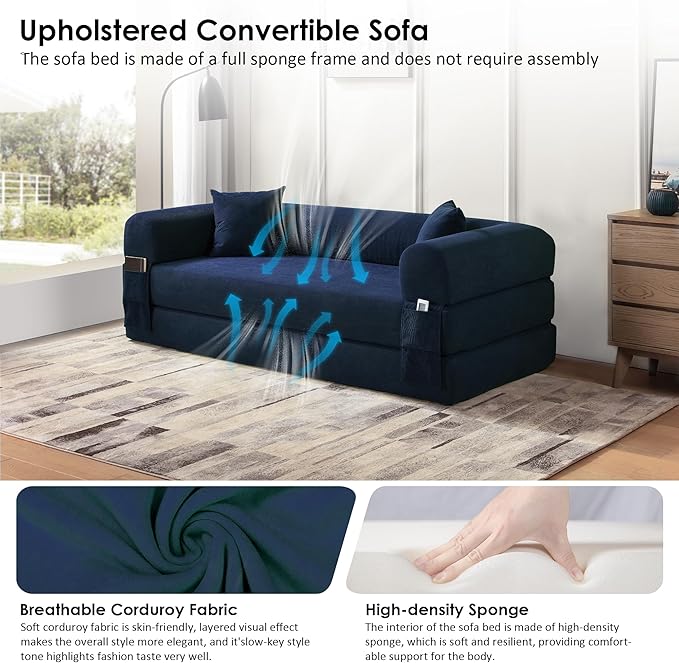 80 Convertible Sofa Bed Corduroy Deep Seat Folding Pull Out Couch with Pillows No Assembly Modern Boneless Couch Compression Sofa in Box Floor Sofa with Storage Pocket for Living RoomNavy Blue