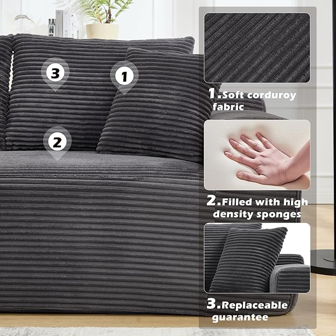 108.7'' Sectional CouchL Shaped CouchPlush Corduroy FabricUpholstered Couches for Living Room BedroomNo Assembly Required(Left Facing Chaise) Grey