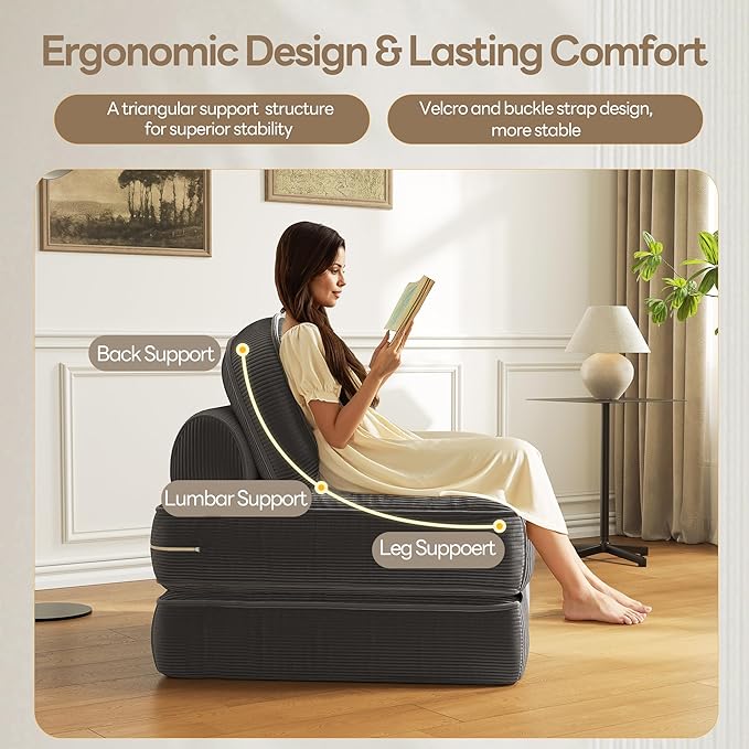 Dowinx Folding Sofa Bed with Pillow Small Convertible Comfy Couch Bed for Adults Home Lounge and Gaming Modern Comfortable Design for Apartment Living Room Bedroom Ribbed Velvet Gray