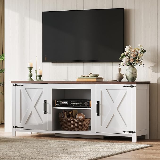 WLIVE Modern Farmhouse TV Stand for TVs up to 65 Entertainment Center with X-Shaped Barn Doors Large Storage Media TV Console with Adjustable Shelves &amp Cable Holes for Living Room White
