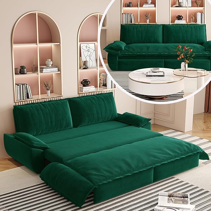 73.2‘’ Velvet Queen Pull Out Sofa Bed 3-in-1 Convertible Loveseat Sleeper Sofa Couch with Armrest Space Saving for Living Room Apartment Green