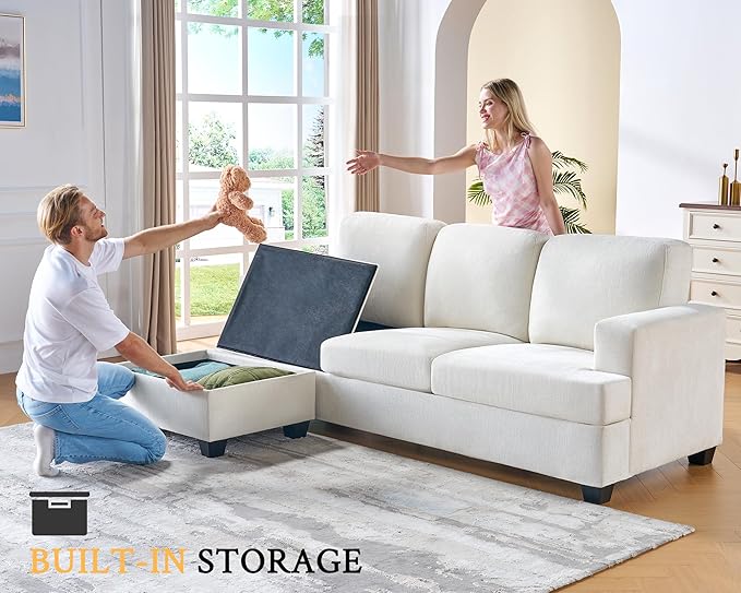 VanAcc 89 Inch Convertible Sofa with Storage Reversible L Shape Sofa Couch with Chaise Comfy Couches for Living Room Beige Chenille