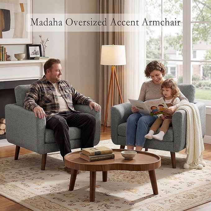 Oversized Accent Chair for Living Room 37 Mid-Century Modern Comfy Reading Chair Linen Fabric Solid Wood Frame Armchair Upholstered Grey Accent Chairs for Adults Living Room Chairs