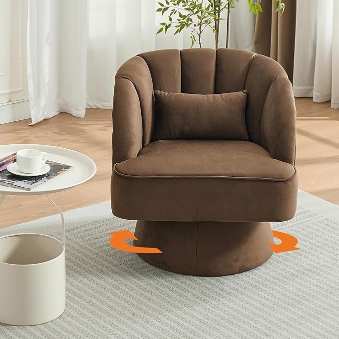 Mid Century Modern Swivel Barrel Chair - 360° Swivel Accent Chair with Plush Velvet Upholstery &amp Wide Cushioned Seat Round Lounge Sofa Chair for Living Room Bedroom Office (Brown 1 PCS)