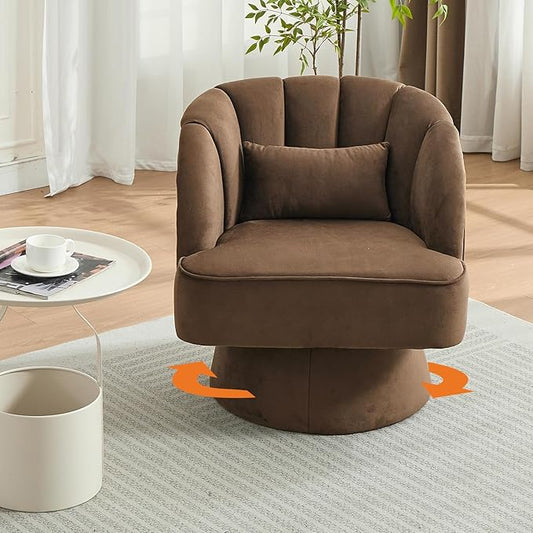 Mid Century Modern Swivel Barrel Chair - 360° Swivel Accent Chair with Plush Velvet Upholstery &amp Wide Cushioned Seat Round Lounge Sofa Chair for Living Room Bedroom Office (Brown 1 PCS)