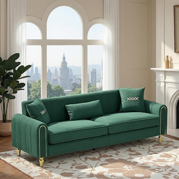 Modern 3-Seaters Velvet Sofa Upholstered Couch with Pillows and Gold Metal Legs for Living Room Office Apartment (Green)