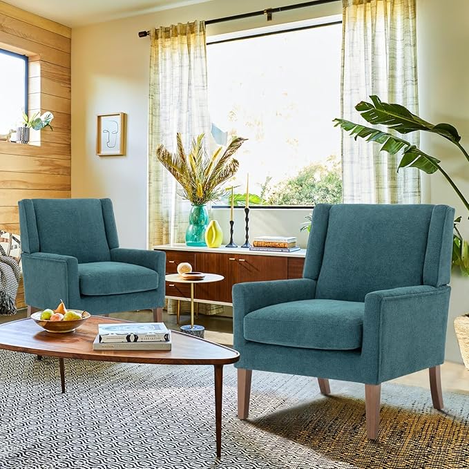 COLAMY Modern Wingback Living Room Chair Upholstered Fabric Accent Armchair Single Sofa Chair with Lounge Seat and Wood Legs for Bedroom/Office/Reading Spaces Teal