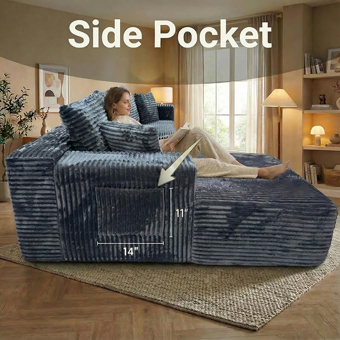 Boneless Couch for Living Room No Assembly Required Cloud Couch Modular Sectional Sofa with Plush Corduroy Fabric Minimalist Oversized L-Shaped Couch with Chaise Fluffy Pillows and Cushion.