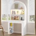 Arched Desk for Home Office Computer Desk with 2 Drawers &amp Hutch Wood Writing Desk with Power Outlets 3 Color LED Lights Side Open Shelves Modern Fluted Design 35.4 W x 70.8 H (White)