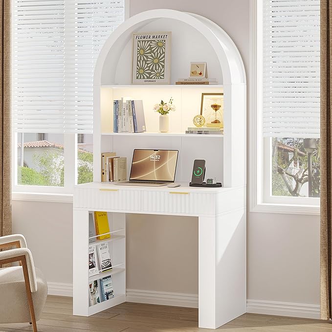 Arched Desk for Home Office Computer Desk with 2 Drawers &amp Hutch Wood Writing Desk with Power Outlets 3 Color LED Lights Side Open Shelves Modern Fluted Design 35.4 W x 70.8 H (White)