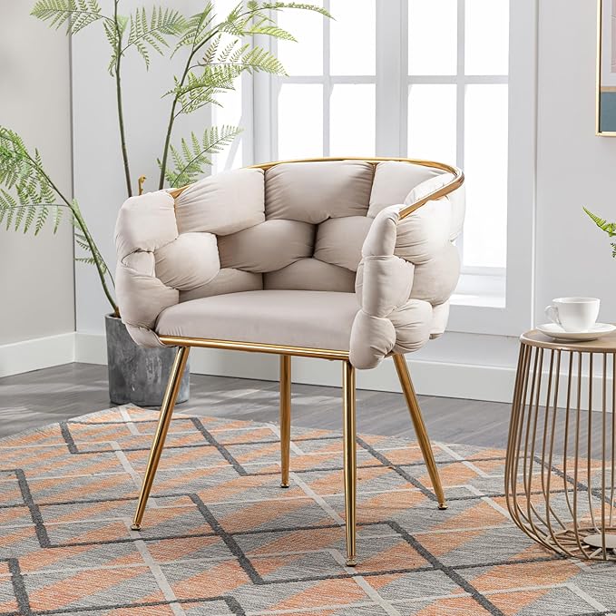 HomVent Makeup Desk Chair Vanity ChairLuxury Knitting Home Office Chair with Arms and Golden Metal Leg for Bedroom Living Room Vanity Dining Room