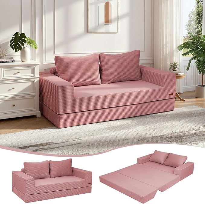 COMAX Convertible Sofa Bed Queen Corduroy Folding Floor Couch Pull Out Couch Bed Futon Sleeper with Pillows Fold Out Boneless Sofa Comfy Lounge Mattress Loveseat for Living Room Bedroom Pink