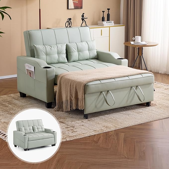 VINGLI Green Futon Sofa Bed Convertible Loveseat Sleeper Couch Faux Leather Pullout Sofa Fold Out Couch Bed with USB Ports Cup Holders Armrest for Living Room Bedroom Apartment Room