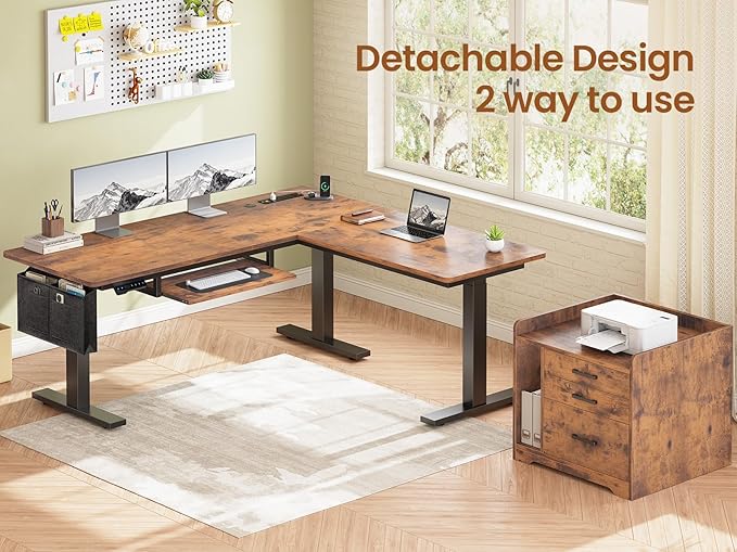 SEDETA L Shaped Electric Standing Desk with File Cabinet 63 x 53'' Height Adjustable Home Office Computer Desk with 3 Drawers Power Outlet Stand up Gaming Table with Led Lights Rustic Brown
