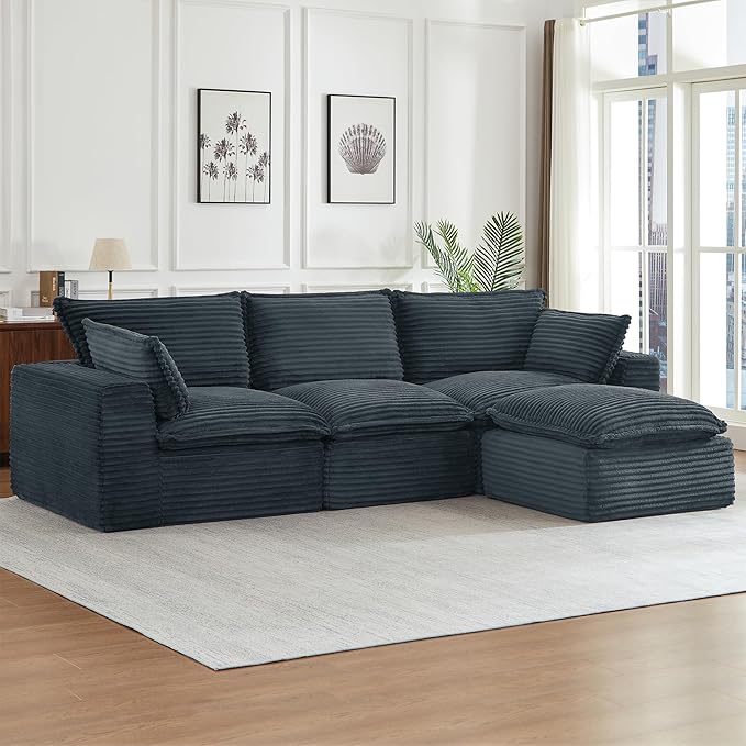 Modern L Shape Boneless Couch 109.4 Modular Sectional Sofa with Ottoman Comfy Corduroy Cloud Sofa with Deep Seat &amp Double-Layer Cushion Convertible 4 Seater Sleeper Couches for Living Room Gr