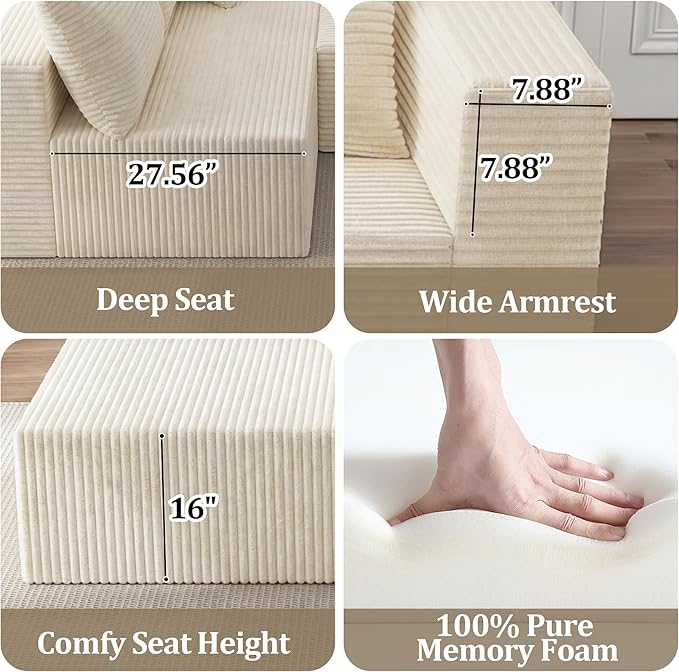 92.5 Modular Sectional Sofa L-Shaped Cloud Couch with Deep Seat &amp Chaise Premium Corduroy Boneless Couches for Living Room/Bedroom/Small Space No Need Assembly - Beige
