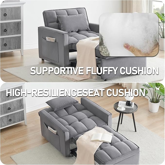 3 In 1 Velvet Convertible Sofa Bed Pull Out Couch Bed with Reclining Backrest And 2 Pillows 54 Full Size Loveseat Sleeper Sofa Futon Couch Bed Couches For Small Spaces Living Room (Dark Grey)