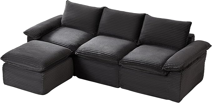 KEIKI 111 L-Shaped Oversized Corduroy Modular Sectional Sofa with 1 Ottoman &amp High-Density Foam Cushion &amp Pillows Upholstered Modern Cloud 3-Seater Couch Easy Assembly for Living Room Dar