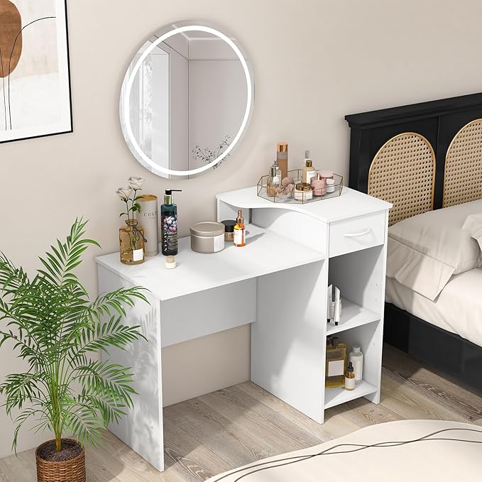 COSTWAY Computer Desk with Printer Shelf Modern PC Workstation with Storage Drawer and CPU Stand 40.5” Writing Desk with Cable Hole for Home Office/Dorms/Apartments White